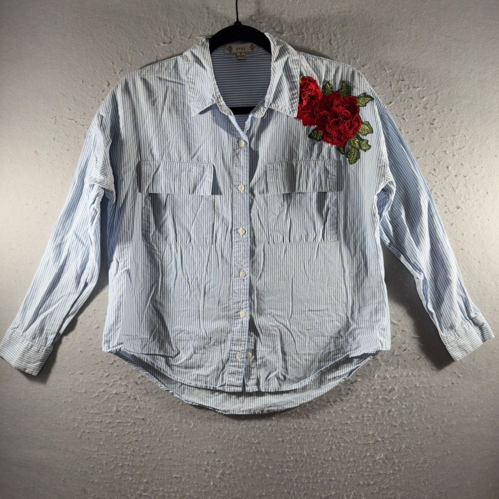 3324 | Rose Embroidered Striped Cotton Button Down Shirt Blue White Boho Women S